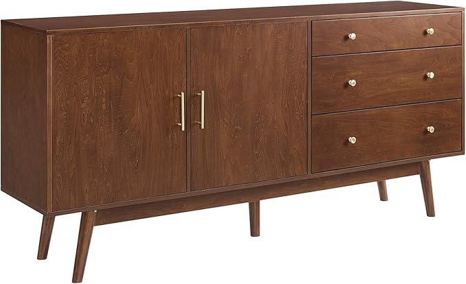 Walker Edison Mid-Century Modern Wood Kitchen Buffet Sideboard Entryway Serving Storage Cabinet Doors Dining Room Console, 70 Inch, Walnut
