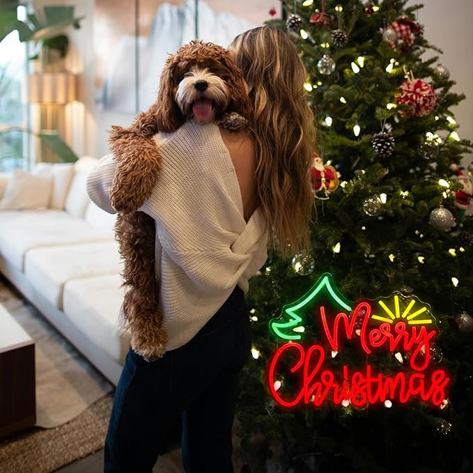 Merry Christmas Neon Sign USB Power Sunshine Light Up Sign Dimmable Christmas Tree Led Neon Light for Christmas Party New Year Home Wall Decor (Dimmable USB)
