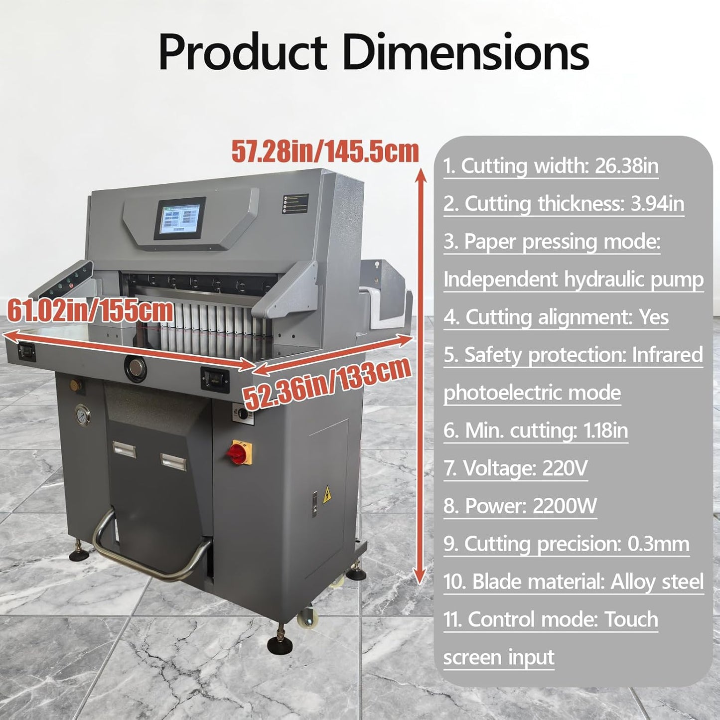 TECHTONGDA Electric Hydraulic Paper Cutter - 3.94in Thickness, 26.4in Width | Professional Dual Hydraulic System