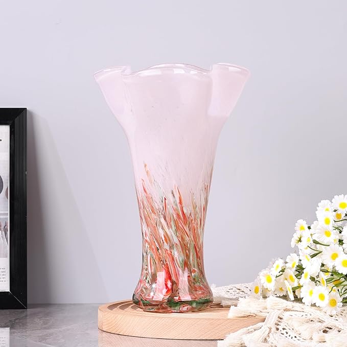 9.0" H Pink Glass Vases for Flowers, Hand Blow Glass Vase Pink Home Decor, Wide Mouth Red Flower Vase Centerpieces, for Bookshelf,Dinner Table,Indoor Office Desktop,Meeting Room,Bathroom,Countertop