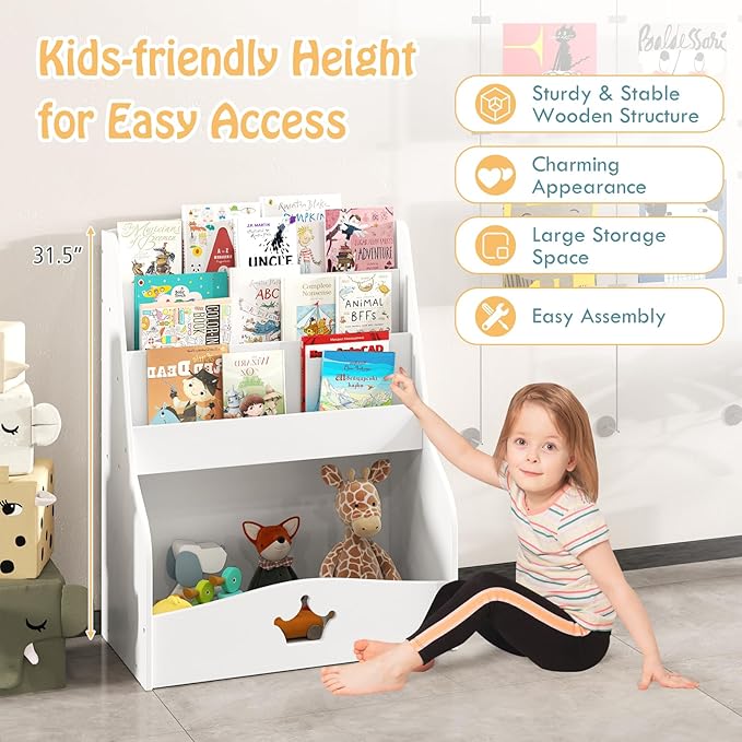 HONEY JOY Kids Bookshelf and Toy Storage, 3-Tier Wooden Toddler Bookcase, Children Book Rack, Large Storage Cubby Cabinet, Book Shelf for Kids Rooms, Playroom, Nursery, Classroom, White