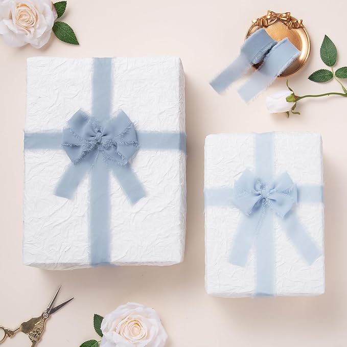 DORIS HOME Dusty Blue Chiffon Ribbon for Flower Bouquet, 1" x21Yd Fabric Ribbon for Gift Wrapping, Handmade Frayed Ribbon for Wedding Invitations/Christmas Decorations