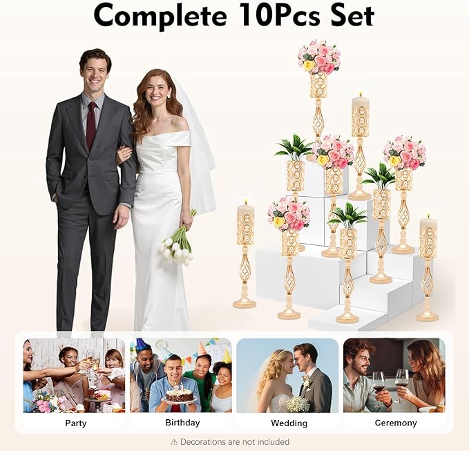 Crystal Wedding Flower Stand, 10pcs 24" Tall Metal Wedding Centerpiece Vase with Eva Pad, Gold Flower Holder Flower Vase Display Rack Centerpiece Decor for Outdoor Wedding Holiday Special Events Etc