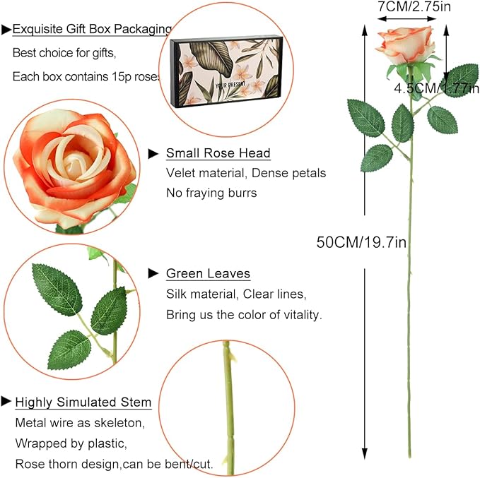 15Pcs Pearl Sunset Red Roses Artificial Flowers Fake Roses Long Stem Velet Rose Silk Flowers for Home Wedding Decoration (Pearl Roses,Sunset Red)