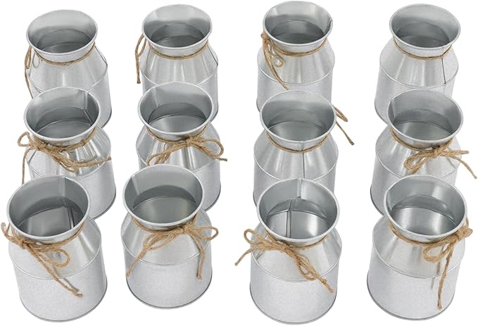 Flower Vase Decor, Farmhouse Metal Galvanized Milk Can Jug Vase with Bow, Flower Buckets for Artificial Flowers for Table Centerpiece Weddings(Silver)
