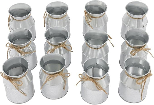 Flower Vase Decor, Farmhouse Metal Galvanized Milk Can Jug Vase with Bow, Flower Buckets for Artificial Flowers for Table Centerpiece Weddings(Silver)