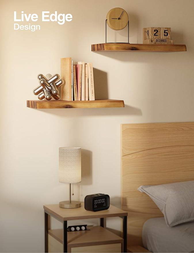 BATODA 17” Acacia Live Edge Floating Shelves, Wooden Floating Shelves for Wall - Set of 2 Floating Book Shelves, Book Shelf for Wall, Bathroom, Kitchen - Mounted Shelf, House Decor with Hardware
