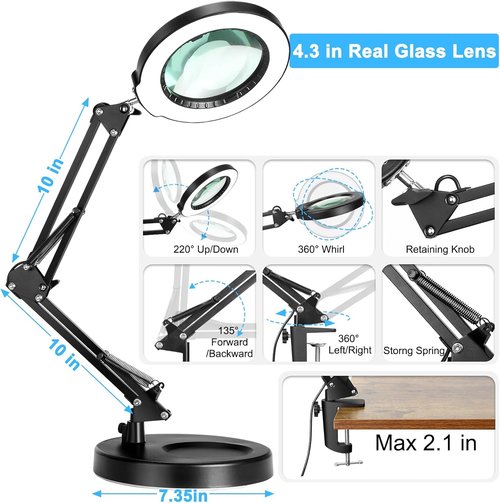 Coyeth 10X Magnifying Glass - 2-in-1 Lighted Magnifier with Adjustable Clamp & 5 Color Modes for Crafts, Reading, Sewing