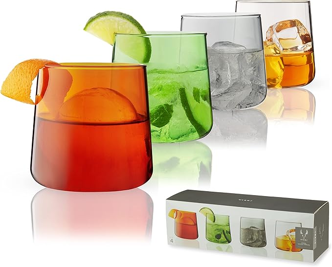 Viski Aurora Tumblers Colored Wine Glasses - Tinted Fun Cocktail Glasses in Clear, Grey, Green, and Amber - Dishwasher Safe 10.5 Oz Set of 4