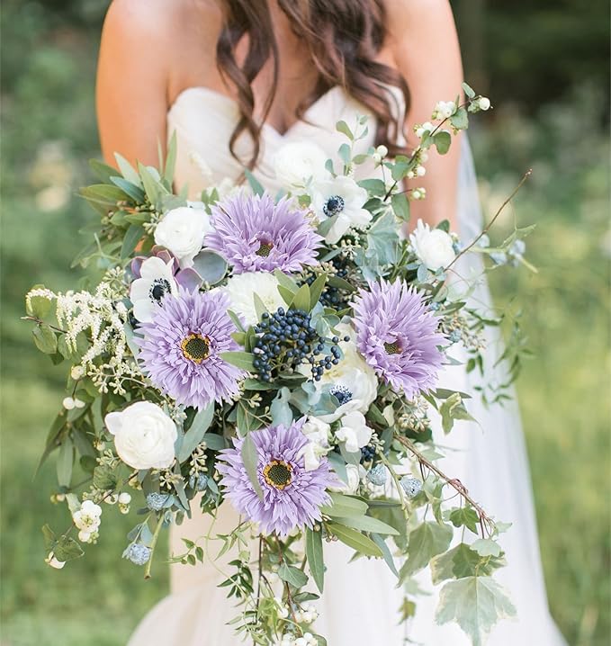 Artificial Gerbera Daisies 12pcs Purple Daisy Artificial Flowers Fake Silk Flowers with Stems for Floral Arrangements Home Wedding Dining Table Party Garden Decor(Purple)