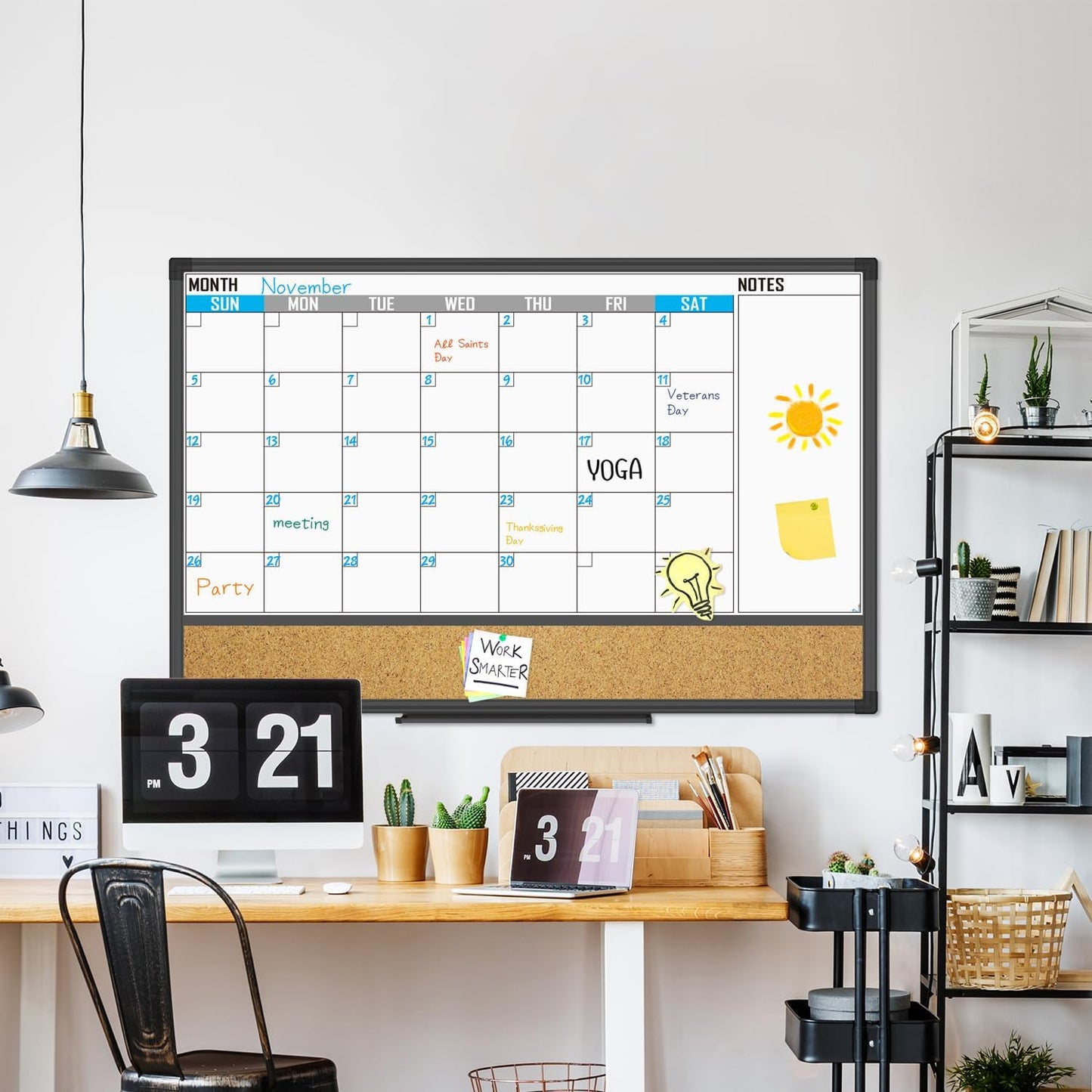 XBoard Dry Erase Calendar | 36" x 24" Magnetic Whiteboard & Corkboard Combo with Push Pins & Marker Tray