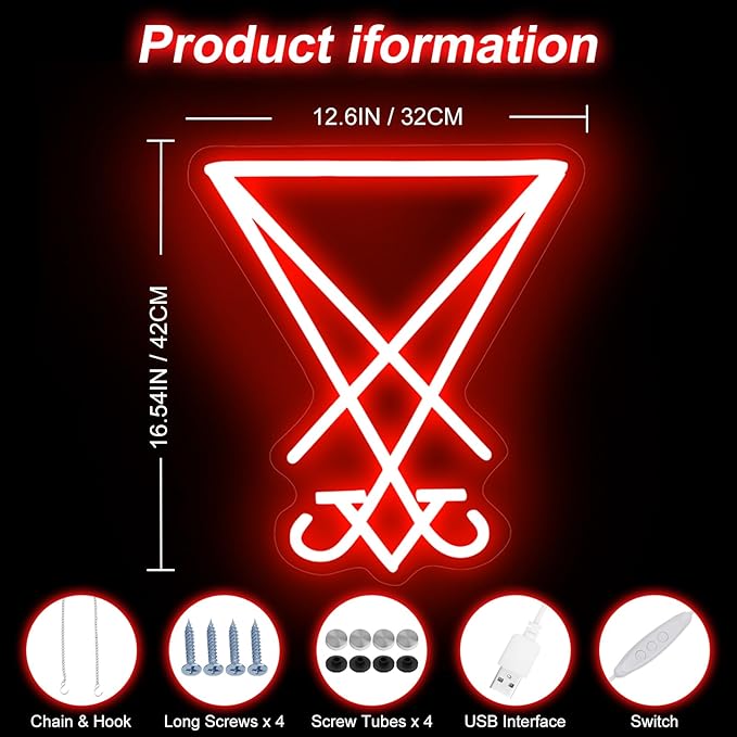 Sigil of Lucifer Gothic Baphomet Neon Light for Wall Decor, Gothic Satan Sigil,Gothic Home Decor, Witch Decor, Dark Art Decor, 3D Engraved Neon Sign For Halloween & Home Ambiance