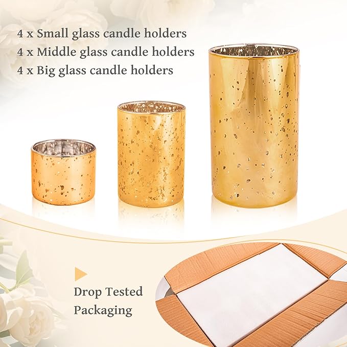 CHILL RECIPE Gold Cylinder Vases Glass Candle Holders Bulk, Mercury Hurricane Candle Holder Small Flower Vases for Centerpieces Tea Light Pillar Votive Candles Wedding Decor Party (4 Set 12Pcs)
