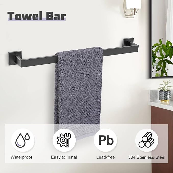 Matte Black Towel Bar Set 5-Piece Bathroom Hardware Accessories Set,23.6 Inch Modern Towel Holder Set SUS304 Stainless Steel Towel Rack Set for Bathroom,Wall-Mounted