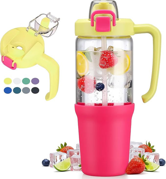 32oz Glass Water Bottle, 2-in-1 Straw and Sip Spout Lid, Leakproof Wide Mouth Tumbler with Handle, BPA-Free Reusable Bottle for Sports, Office, Outdoor, Bright Pink