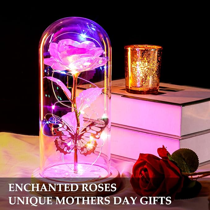 Beferr Christmas Birthday Gifts for Women, Mom Gifts for Christmas Galaxy Glass Rose Forever Preserved Flowers for Delivery Prime Rose in Glass Dome Xmas Gifts for Grandma Wife Sister Her, NPink