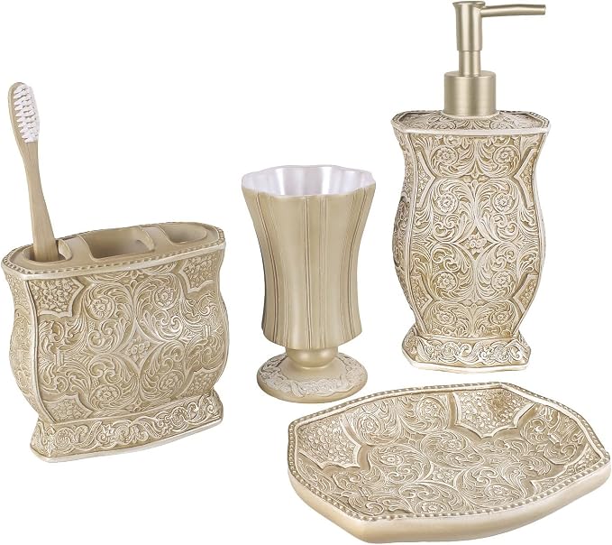 Creative Scents Victoria Liquid Hand Soap Dispenser for Bathroom with Pump | Decorative Beige Countertop Lotion Dispenser
