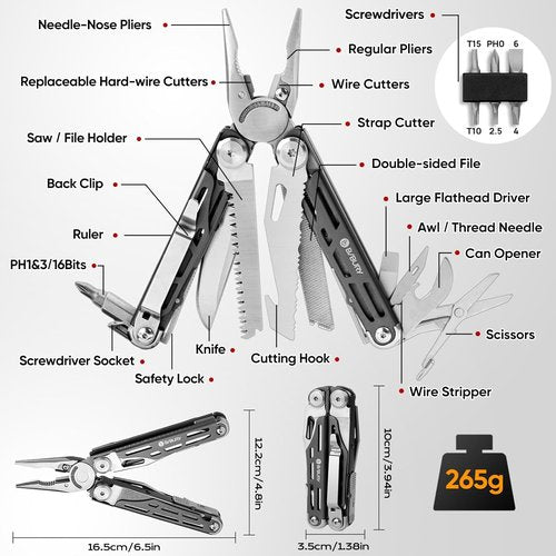 BIBURY 22-in-1 Stainless Steel Multitool - Foldable EDC Pocket Knife with Scissors & Sheath for Outdoor Survival