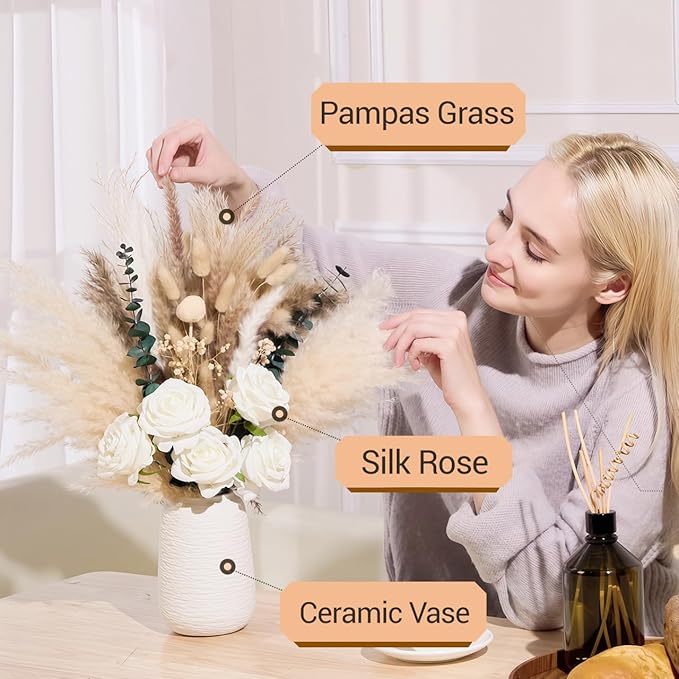100pcs Artificial Flowers Arrangement With Vase, Fake Flowers Silk Roses in Vase, Coffee Table Decorations,Boho Dried Pampas Grass, Dining Table Decor, Floral Centerpieces for Tables, Centro de Mesa