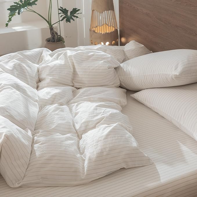 MooMee Striped Duvet Cover Set 100% Washed Cotton Linen Like Textured Breathable Durable Soft Comfy (White Almond Milk Grey Wide Stripes, King 104"x90")