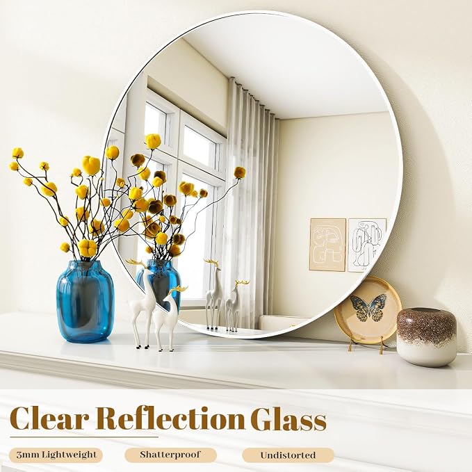 VooBang White Round Bathroom Mirror, 24 inch Circle Wall Mounted Hanging Mirror with Simple Modern Circular Metal Frame for Hallway, Entryway, Living Room, White Frame