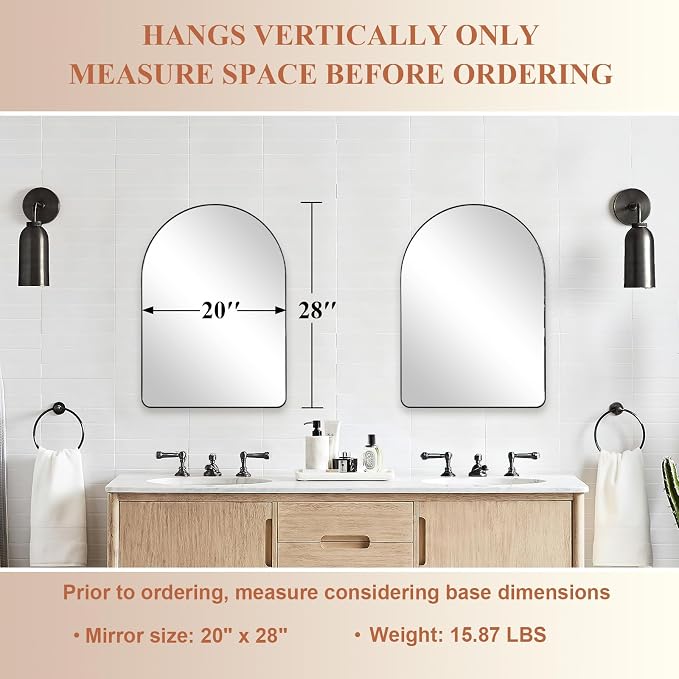 ANDY STAR Arched Mirror, 20 x 28 Inch Black Wall Mirror in Stainless Steel Metal Frame, Arch Top Rounded Corner 1 Inch Deep Set Design Wall Mount Hangs Vertical