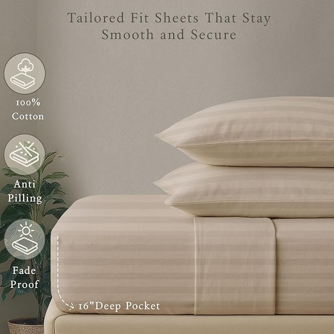 Threadmill 500 Thread Count Queen Size Damask Stripe, 4 Pc Luxury Cotton Bedding Set, Silky Smooth Light Beige Sheets with 16" Elasticized Deep Pocket, 2 Pillowcases & Free Tote Bag