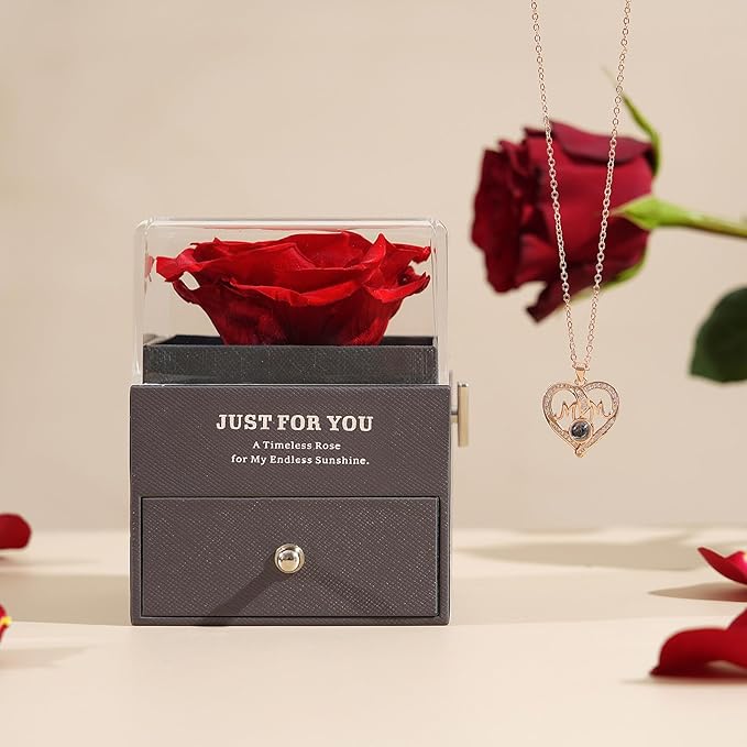 ADDWel Rose Gifts for Mom from Son Daughter - Real Preserved Rose with Mothers Day Necklace and Meaningful You are My Sunshine Music Box for Women, I Love You Mom Gifts for Birthday or Mother's Day