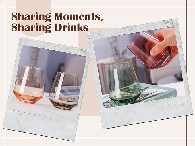 Color Stemless Wine Glass Set of 6-17oz Wine Glasses, Stemless Drinking Glasses for Wine, Cocktails & Beverages - Elegant Glassware for Home, Bar & Holiday Use