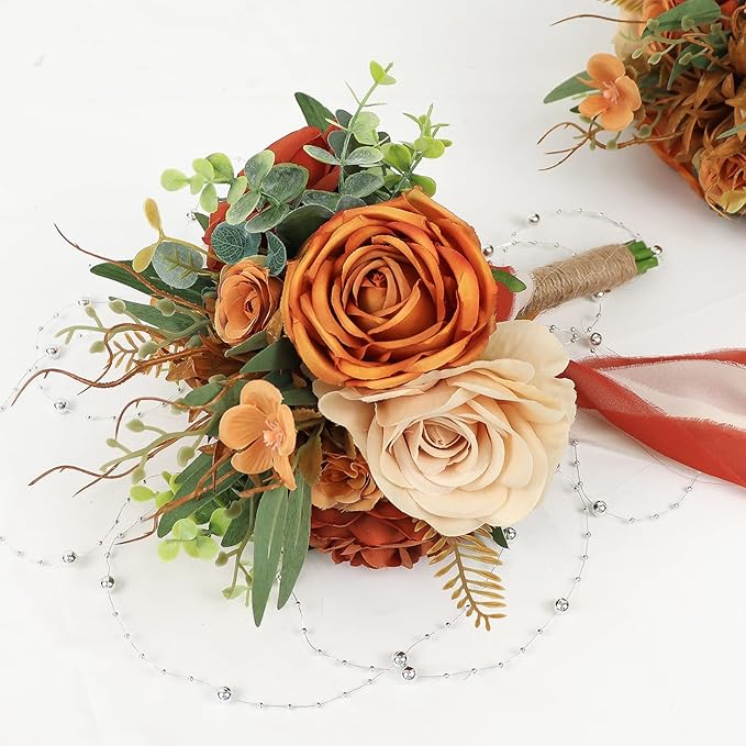 Set of 4 Bridesmaid Bouquets for Wedding - 9 Inch Artificial Flowers Bouquets for Ceremony Anniversary Centerpieces Decorations - Terracotta