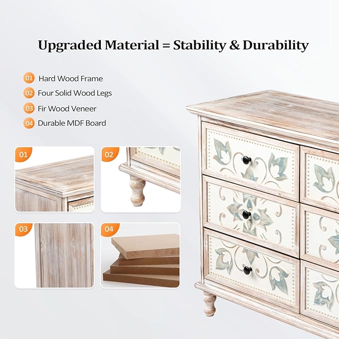 VINGLI White Dresser for Bedroom, 6 Drawer Dresser with Carved Flower Pattern, Wood Dressers Chest of Drawers with Solid Wood Legs