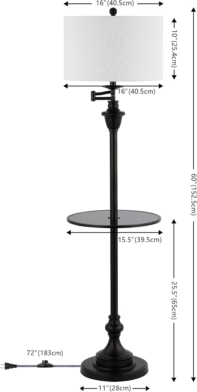 JONATHAN Y 60" Black Floor Lamp with Integrated Glass Side Table, Modern Swing Arm Standing Lamp for Living Room, White Linen Shade, LED Bulb Included (JYL3055D)