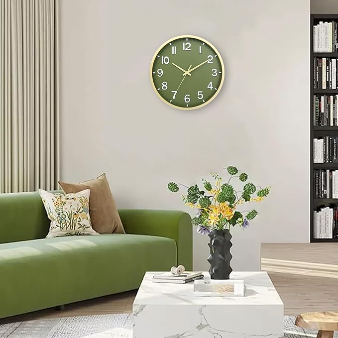 Wall Clocks Battery Operated 12 inch Modern Wall Clock,Silent Non Ticking Wall Clock for Living Room Bedroom Kitchen Office Classroom Decor (Green Gold)