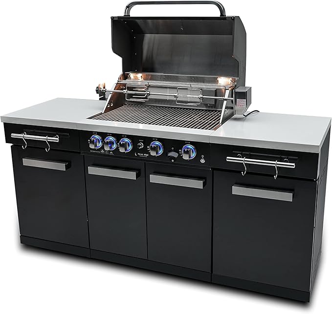Mont Alpi MA-957 5-Burner 63000 BTU Black Stainless Steel Outdoor Kitchen Bar Gas Island Grill with Infrared Rear Burner + Rotisserie Kit + Granite Countertop + Storage Cabinets & Full Weather Cover