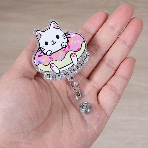 First of All | Cute Cat Retractable ID Badge Reel - Funny Work Badge Holder for Nurses & Teachers
