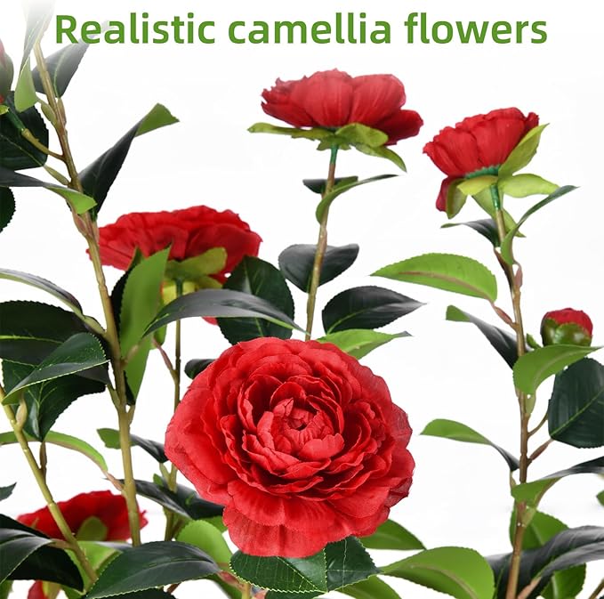 Artificial Camellia Tree 6FT – Nearly Natural Faux Plants Indoor, with Easy Assembly, Low Maintenance, Ideal for Both Indoor Decoration and Other Purposes，Perfect Porch Christmas Trees (Red 6ft)