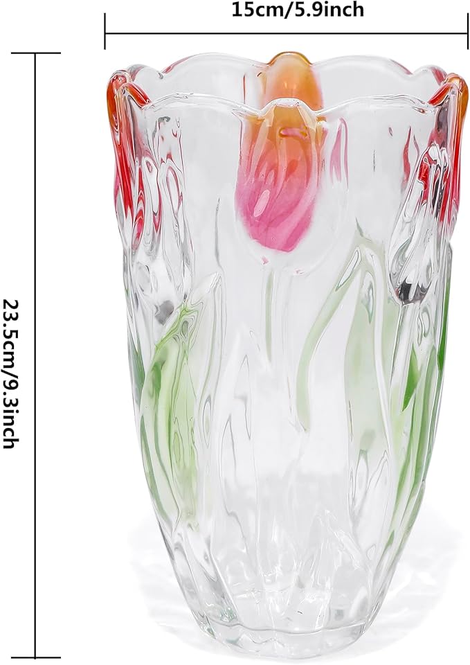 Glass Flowers Vase 9.3 inch Tall, Unique Crystal Vases for Tables Centerpieces, Vintage and Tulip Shape Large Vases Christmas Thanksgiving Gifts. (Green)