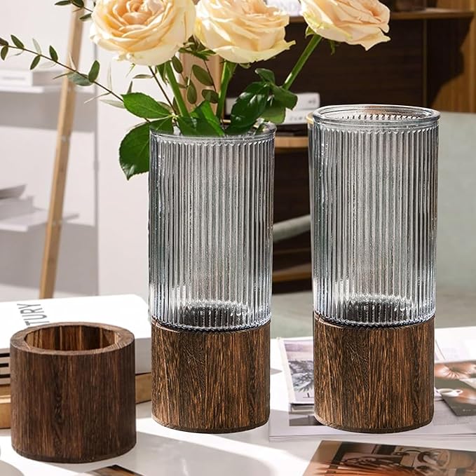 Wooden Vase, Glass Vase with Wooden Base Cylindrical Flower Vase, Classic Boho Rustic Style for Fireplace Bedroom Kitchen Living Room Centerpieces Office Desk, 10" H (Vertical Grain)