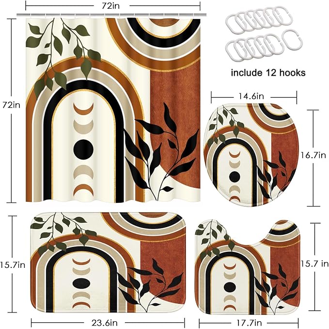 Boho Mid Century Shower Curtain Set with Toilet Lid Cover and Non-Slip Rugs, Cute Aesthetic Abstract Leaves Geometric 4 Pcs Modern Minimalist Shower Curtain for Bathroom Set with 12 Hooks