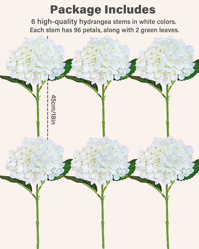 6PCS Premium White Hydrangea Artificial Flowers Bouquets, Ivory Silk Hydrangea Flowers Heads with Stems, Fake Hydrangeas Flowers Arrangement, Faux Hydrangea Decor for Home Wedding Party Baby Shower