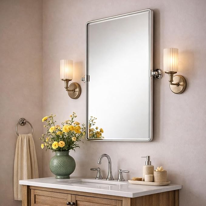 Farmhouse Pivot Rectangle Bathroom Mirror Brushed Nickel Metal Framed Tilting Beveled Vanity Mirrors for Wall, Overall 27.91x 30 inches (Mirrror 24 x 30 inches)