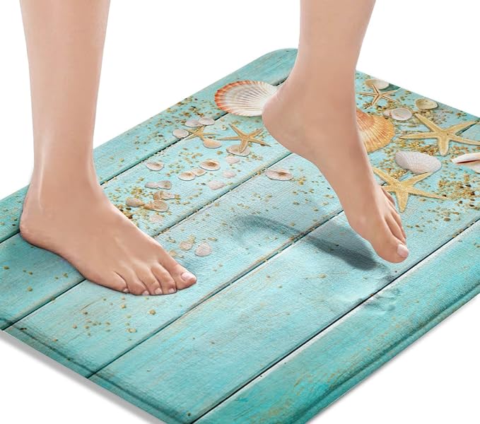 Britimes Bath Mat for Bathroom, Beach Shell Sea Collection Vintage Boho Washable Cover Floor Rug Carpets Floor Mat Bathroom Decorations 16x24 Inches for Kitchen Bedroom