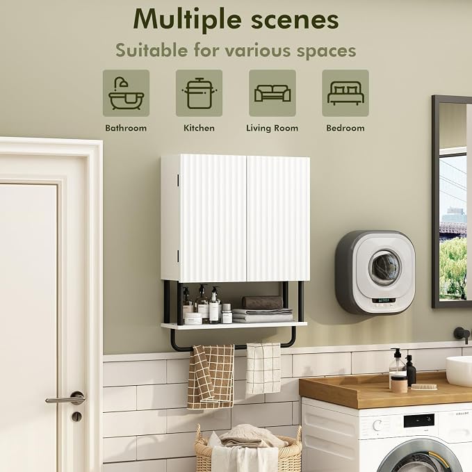 RUSTOWN Fluted Bathroom Wall Cabinet with 2 Doors, 3-Tier Modern Farmhouse Medicine Cabinet, Over the Toilet Storage Cabinet with Adjustable Shelf and Towel Bar (White, Medium)