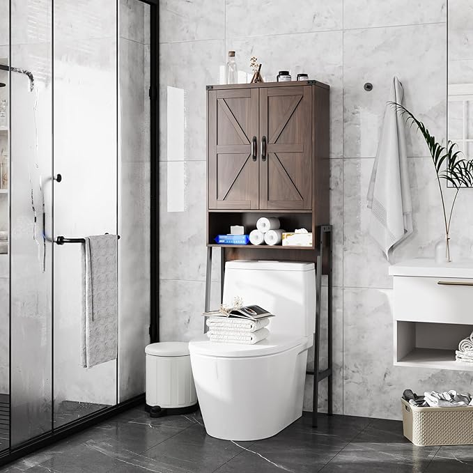 Vabches Over The Toilet Storage Cabinet with 2-Door Design Bathroom Organizers and Storage with Anti-Tip Device Over Toilet Organizer with Shelves for Bathroom,Restroom,Laundry Espresso