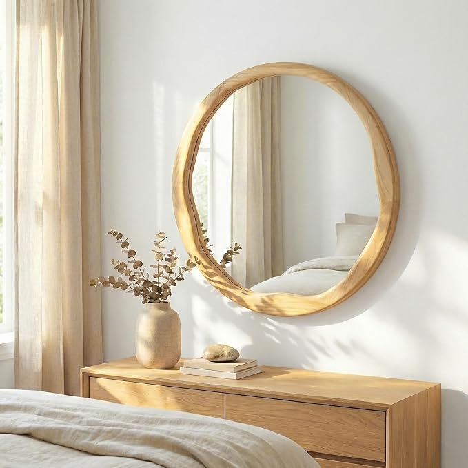Natural Wood Round Mirror 24 Inch, Solid Wood Framed Wall Mirror with Irregular Wavy Inner Edge for Bathroom Vanity, Bedroom & Boho Decor