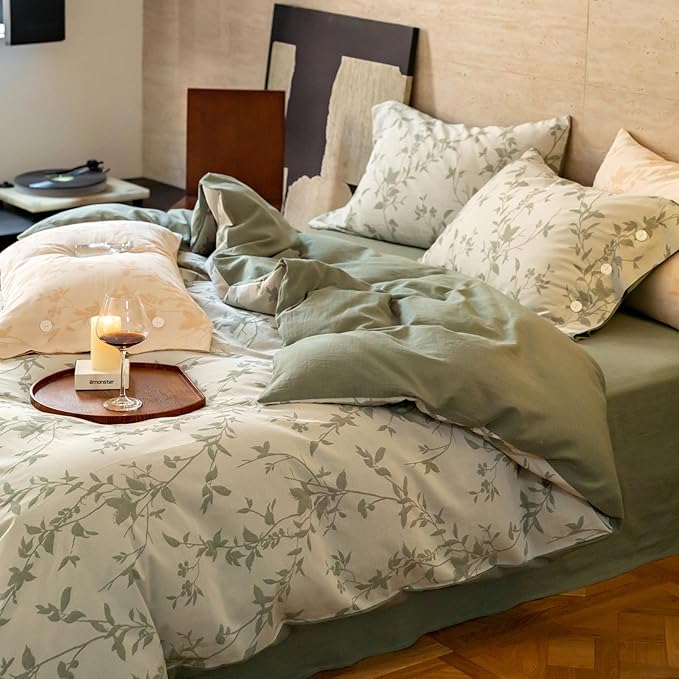 VM VOUGEMARKET Botanical Leaves Duvet Cover Set King Linen Cotton Bedding Set,3D Jacquard Yarn-Dyed Textured Comforter Cover with Button Closure-104 x90,Sage Green