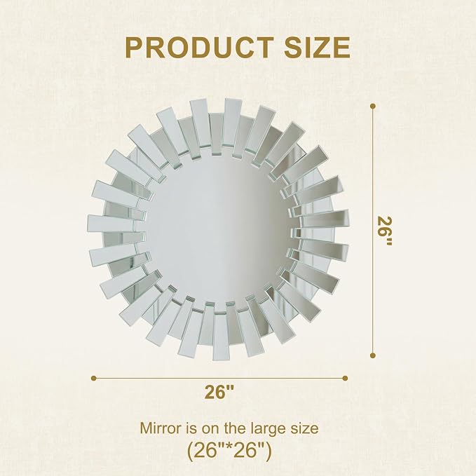 Silver Round Sunburst Wall Mirror - 26" Large Beveled and Birrored Edge Elegant Modern Bohemian Sun Wall Decorative Mirror for Entrance Bedroom Living Room Hallway Bathroom Fireplace Dining Room