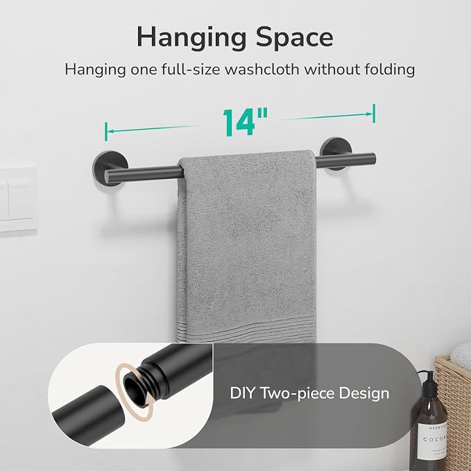 USHOWER Matte Black Towel Bar, 14-Inch Towel Rack for Bathroom Wall Mounted, Thicken SUS304 Stainless Steel Towel Rod Modern Home Decor (Total Length 16-Inch)