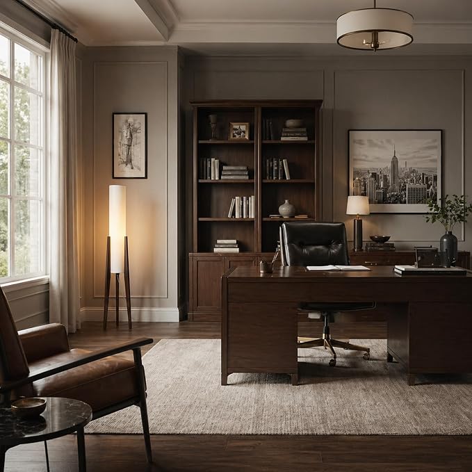 MIXL-Walnut Wood Finish Tripod Floor Lamp,Cylinder Shade Tall Standing Lamp,Rustic Living Room Floor Lamp,Mid Century Modern Standing Light for Bedroom Office