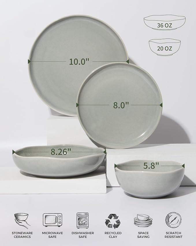 Pokini 32 Piece Dinnerware Set for 8 with Pasta Bowls, Gray Green Reactive Glaze Stoneware | All‑in‑One Host Set for Entertaining, Holiday Meals, Multi‑Course Dish Set | Unique Irregular Look